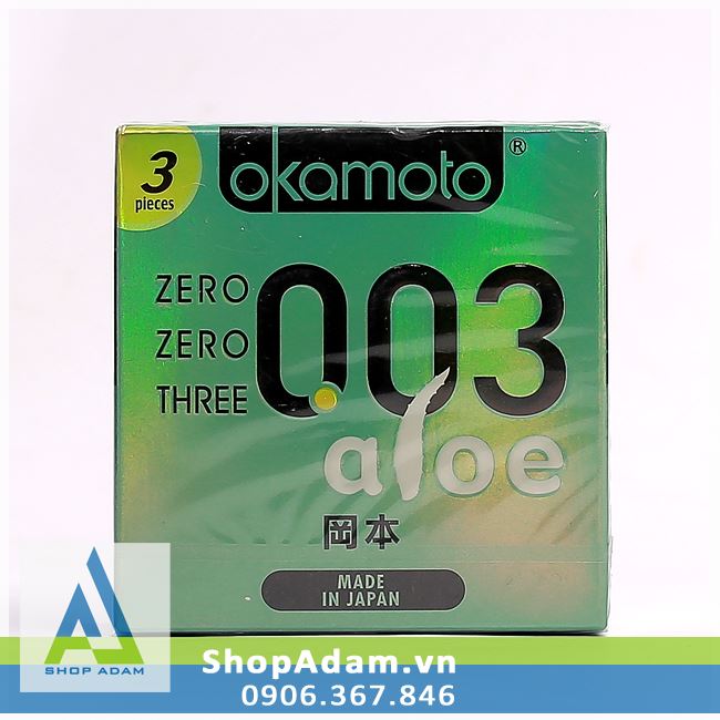Bao cao su cao cấp Nhật Bản siêu mỏng OKAMOTO 0.03 Aloe (Hộp 3 chiếc)
